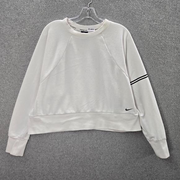 Nike Pro Women Sweatshirt Large White Cropped Get Fit Logo Swoosh Dri Fit - Picture 1 of 11